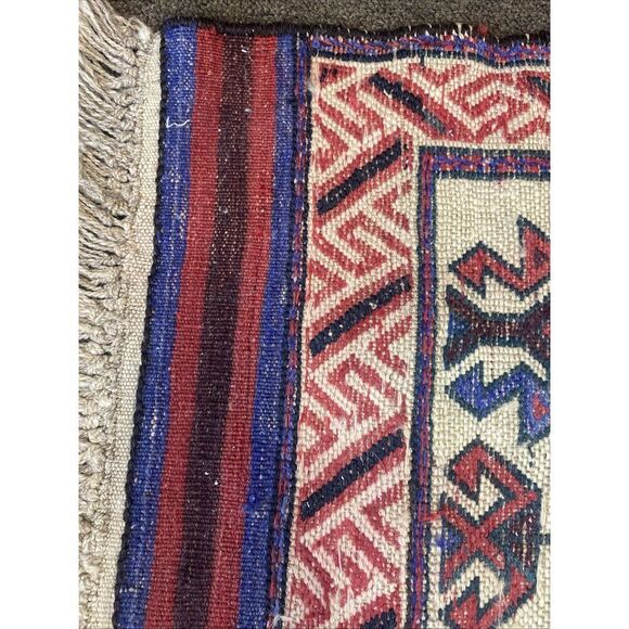 Vintage Afghan Flat weave Woven Wool Nomadic Rug Red Blue Geometric 55” x 29” - Picture 10 of 15